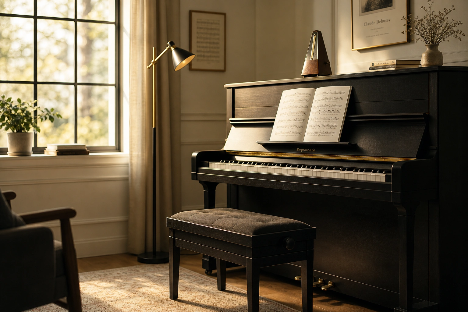 Sunlit piano studio illustrating how to practice piano effectively with a 20-minute routine