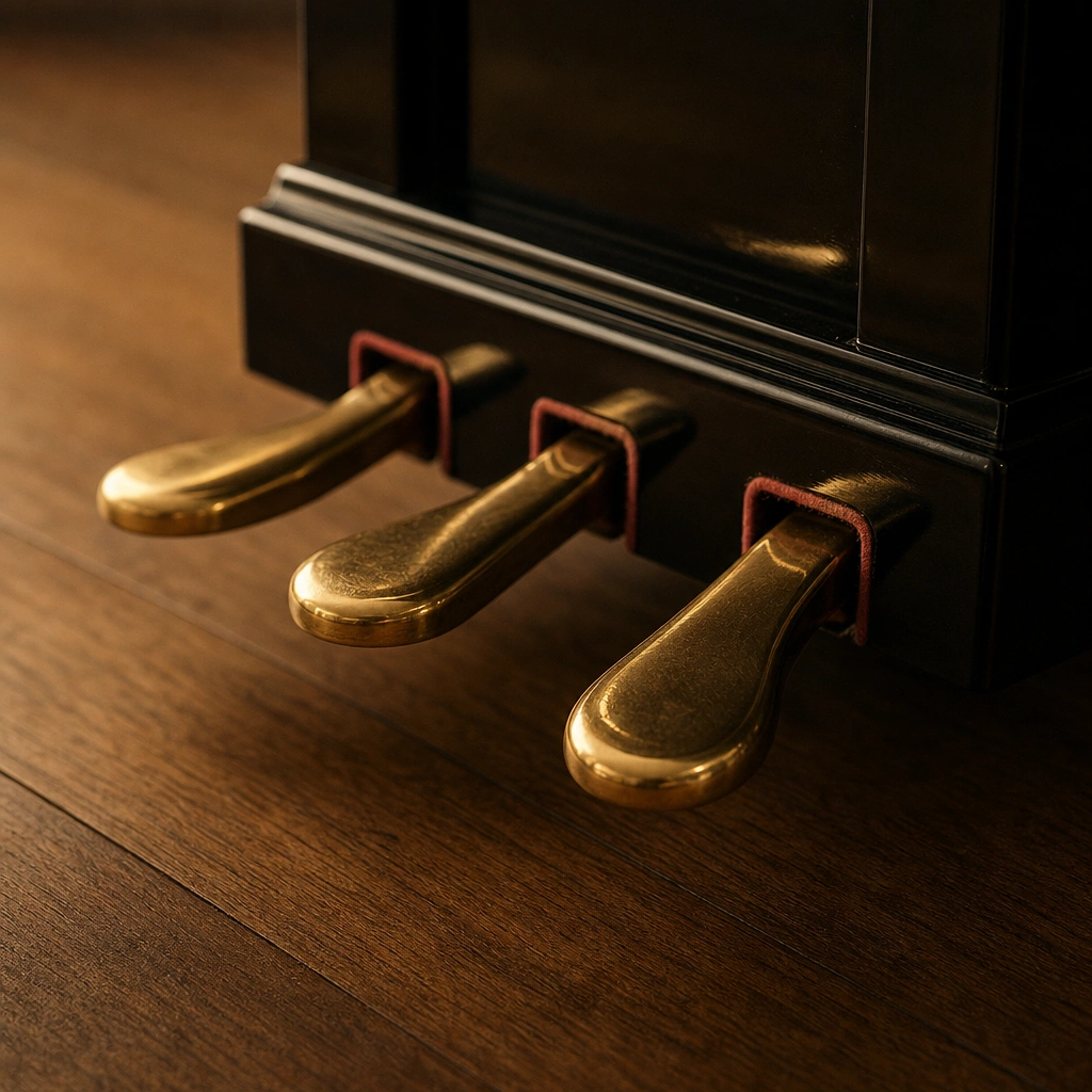 Close-up of piano pedals used to learn how to use sustain pedal piano
