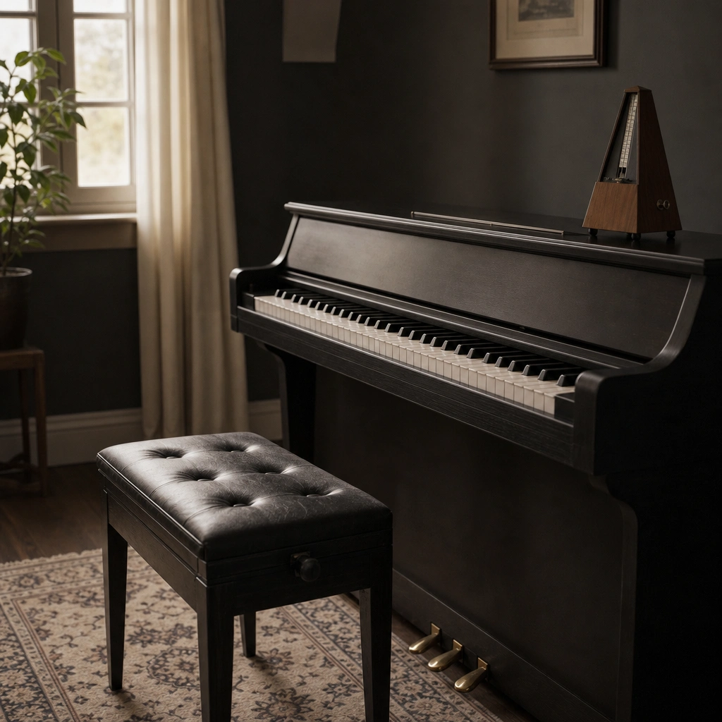 Empty piano bench and metronome in a quiet practice studio