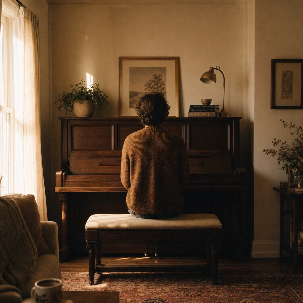 Student seated at an upright piano during a practice session