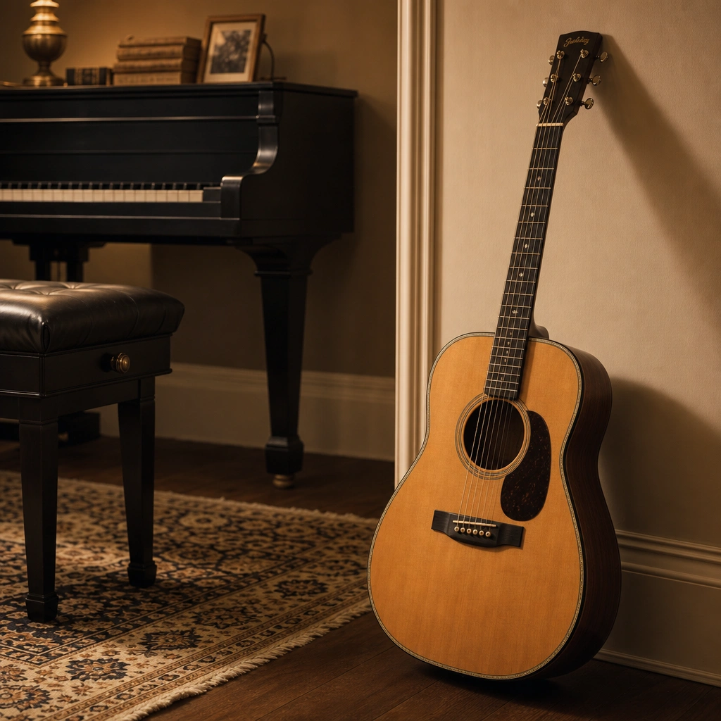 Acoustic guitar strings and fretboard in a warm studio setting