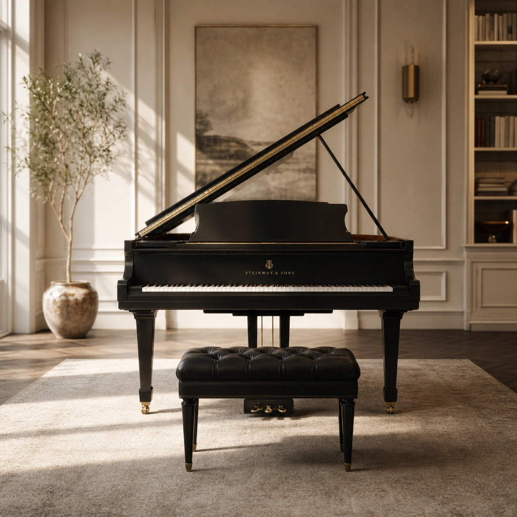 Empty piano bench representing the long-term journey of learning piano versus guitar