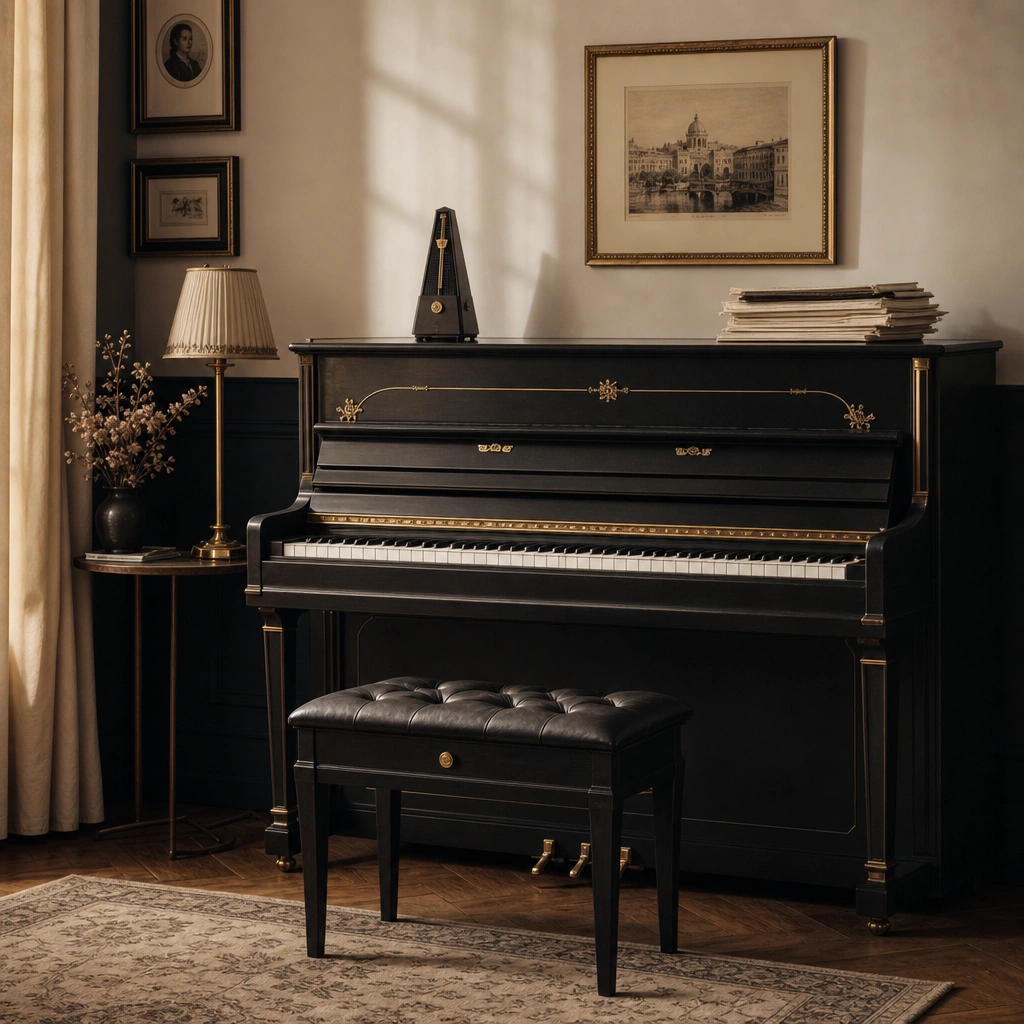 Empty piano bench and sheet music in a warm studio setting for practicing piano key names