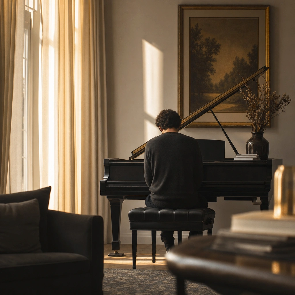 Person seated at a piano from behind in a sunlit music studio