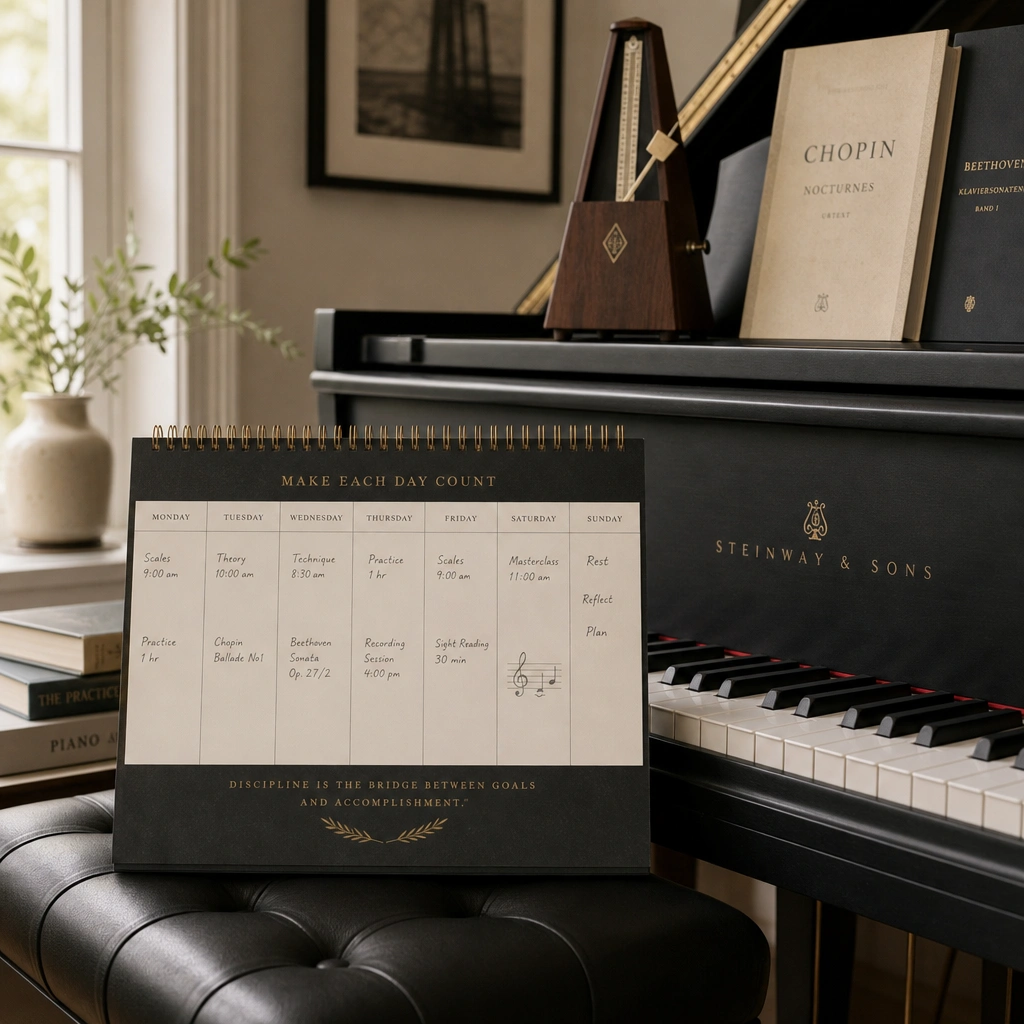 Weekly planner on a piano bench representing scheduling piano lessons for homeschoolers
