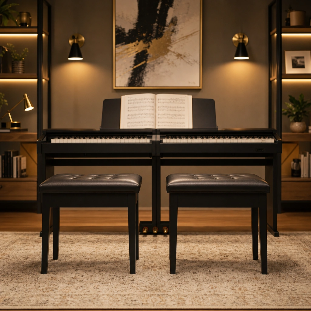 Two empty piano benches side by side for homeschooled siblings taking lessons