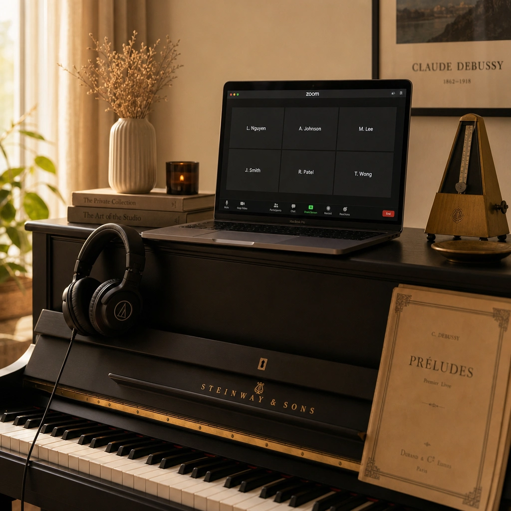 Laptop and headphones on a piano set up for an online homeschool piano lesson