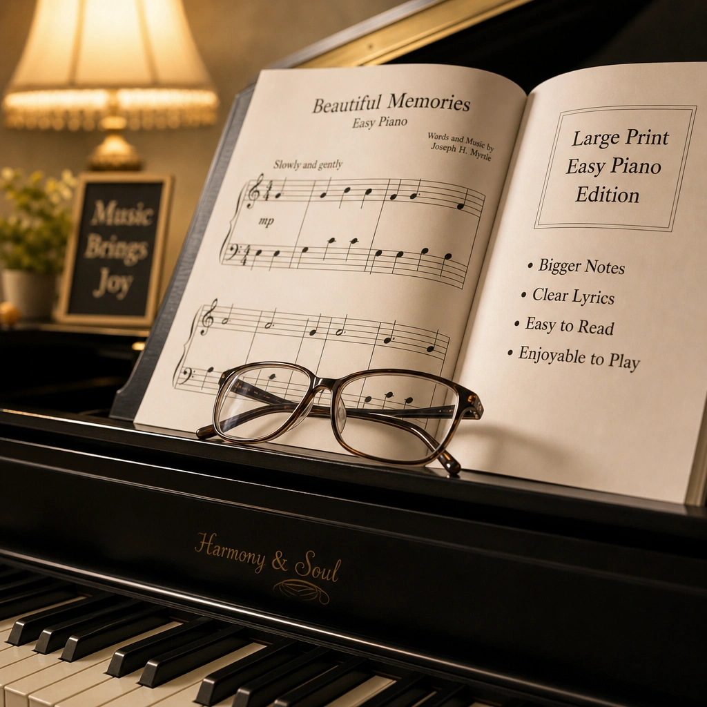 Large-print sheet music and reading glasses for piano lessons for seniors