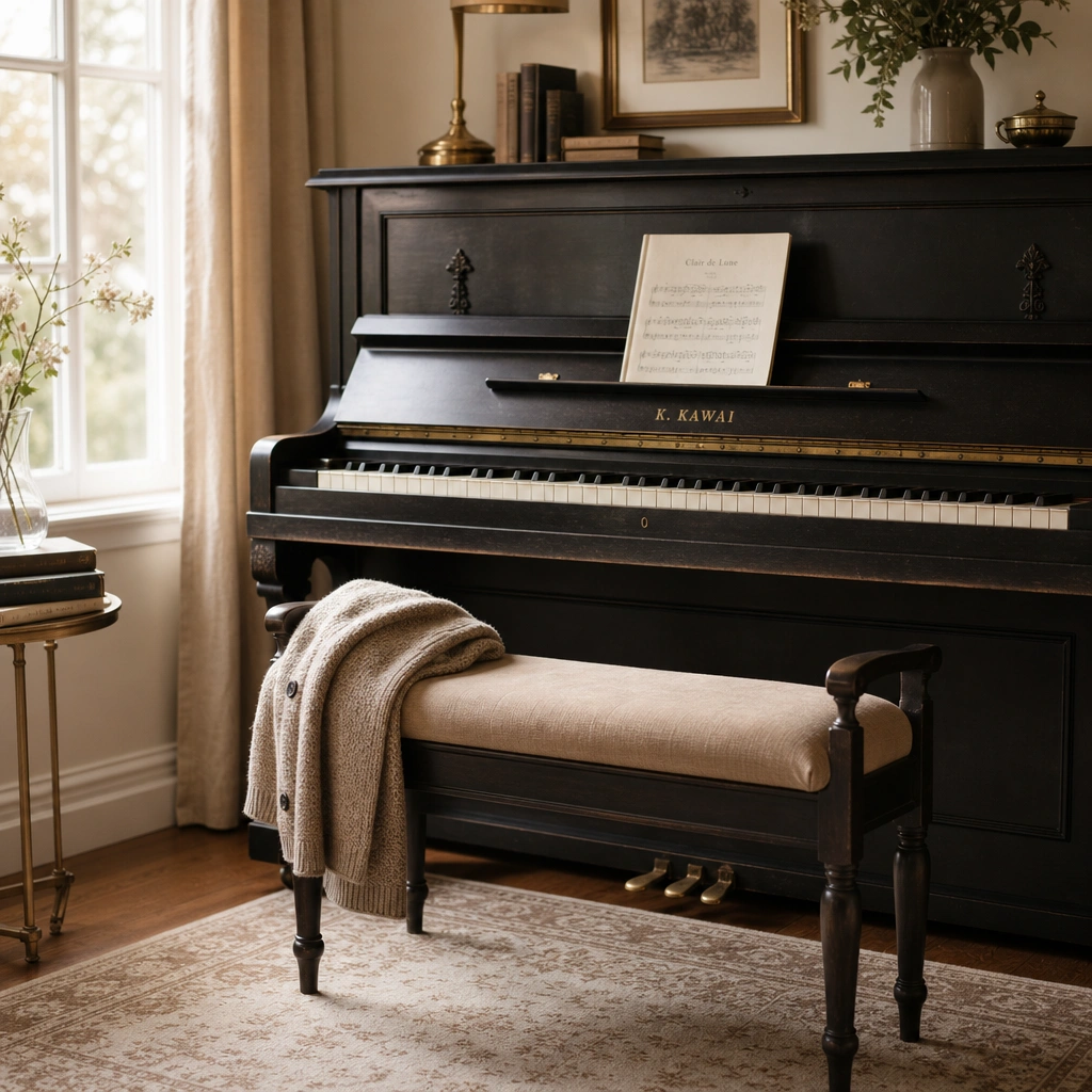 Empty piano bench in a warm studio setting