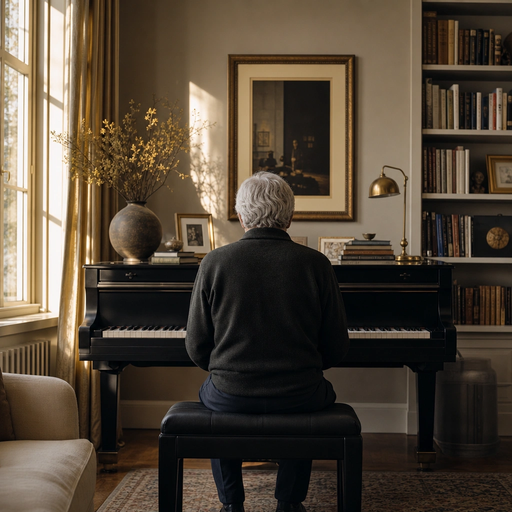 Older adult seated at a piano in a warm studio, viewed from behind