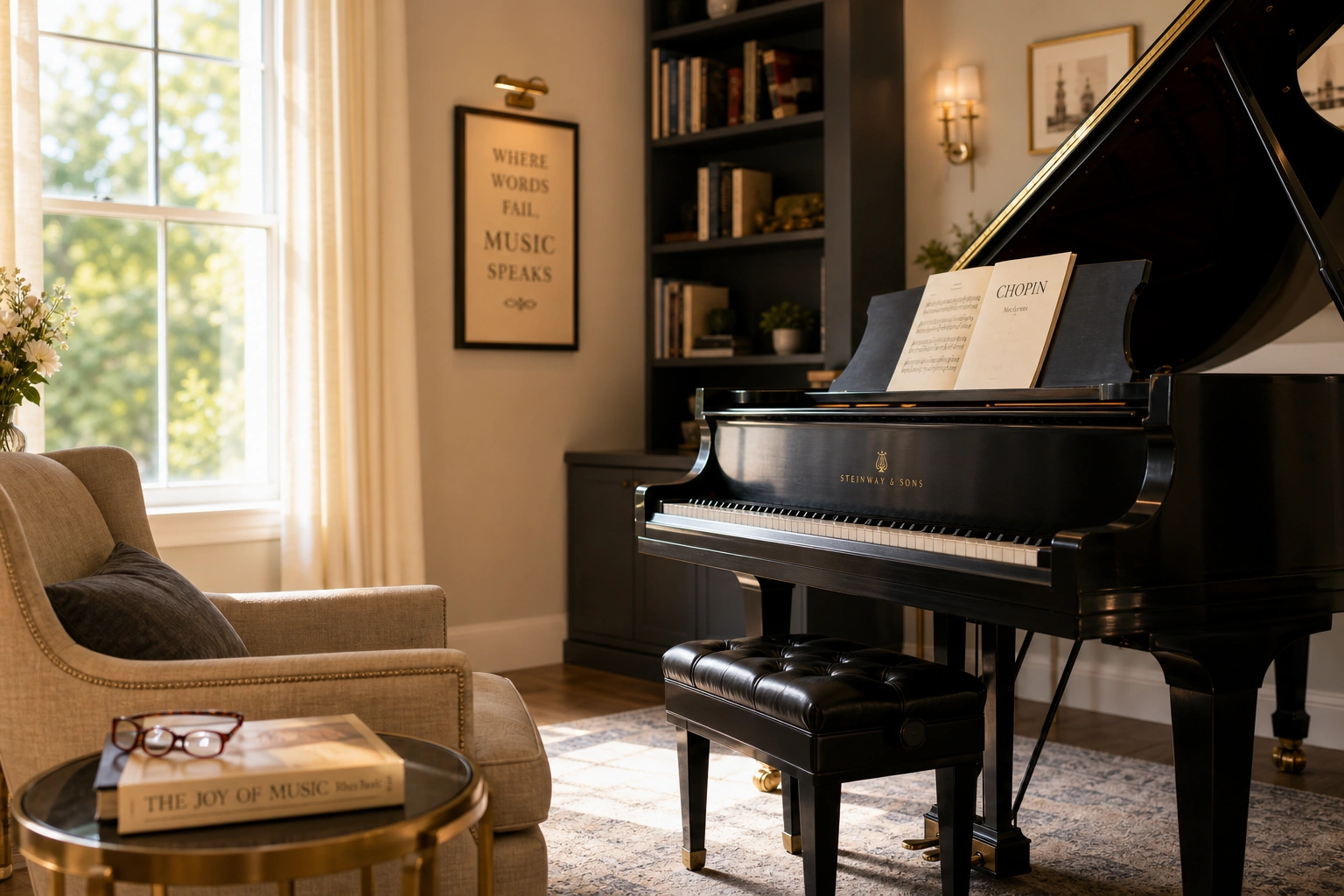 Sunlit piano studio representing piano lessons for seniors