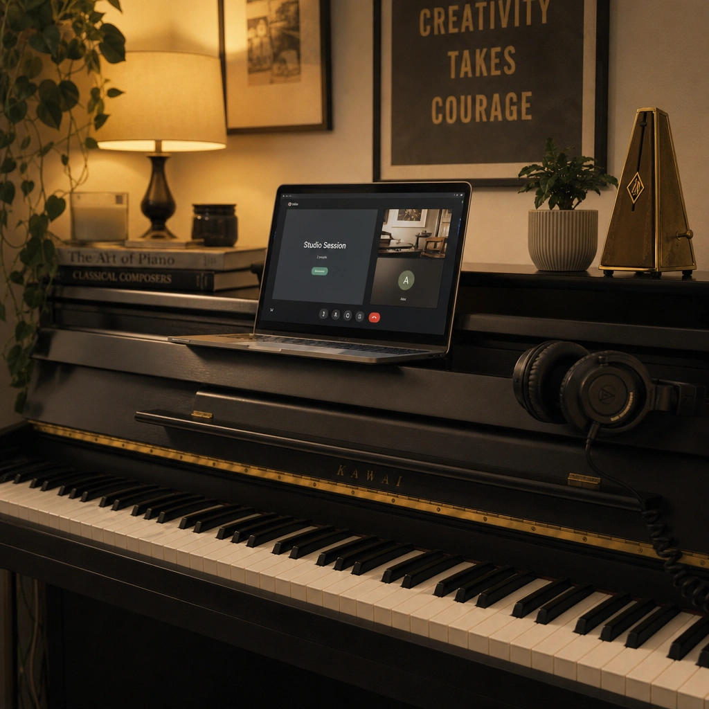 Laptop set up for an online piano lesson for a teenager