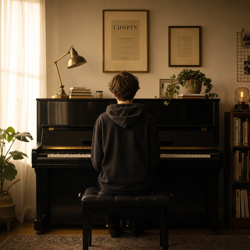 Teenager seated at a piano during a lesson, seen from behind