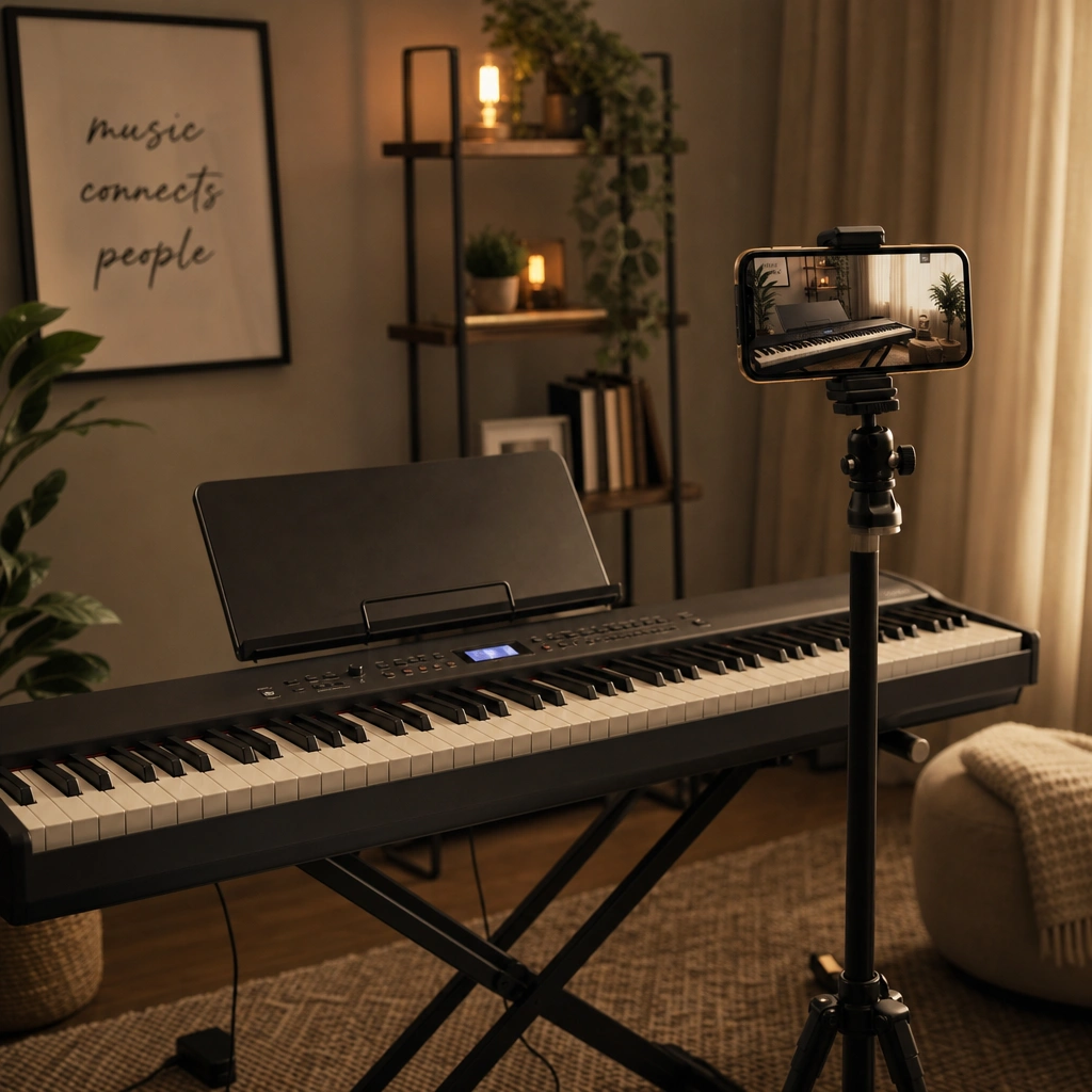 Phone camera angled at a keyboard to show hand position during piano lessons on Zoom