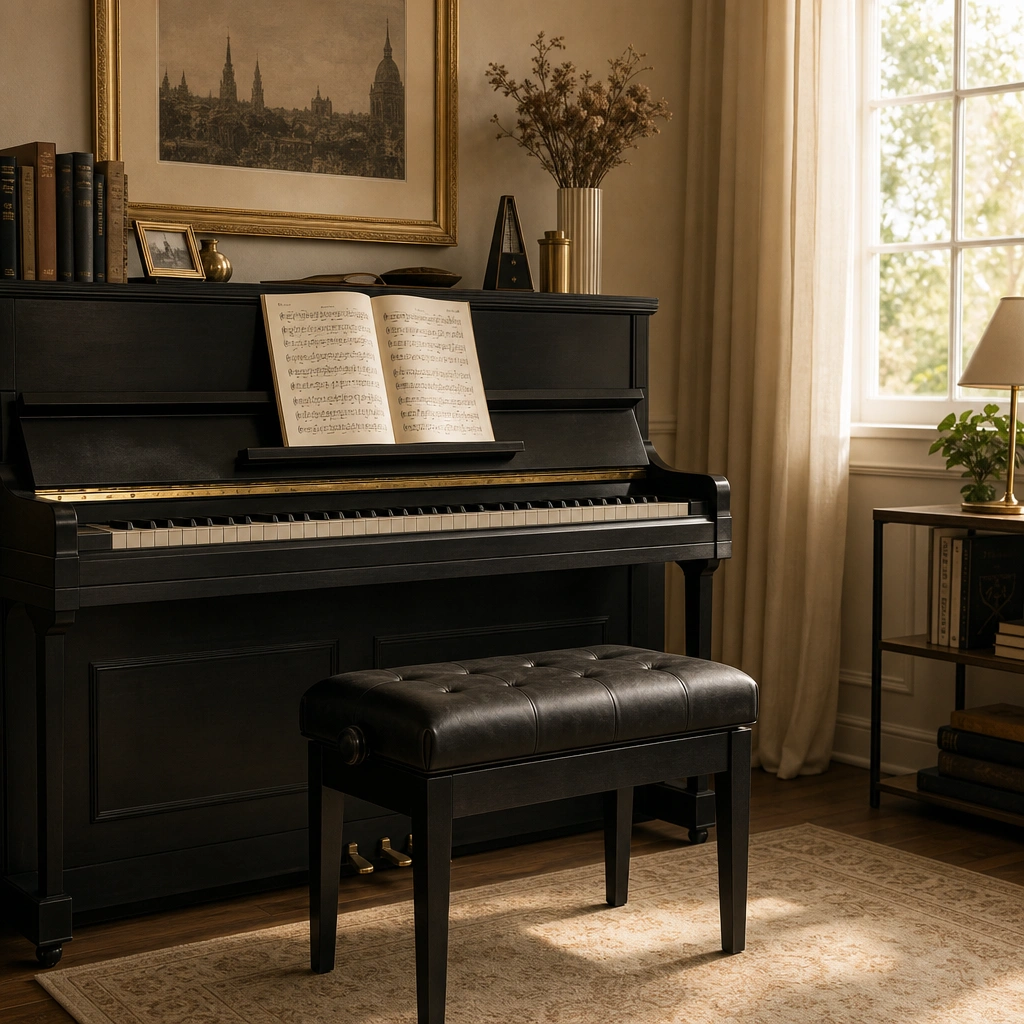 Empty piano bench and open sheet music in a calm home studio for online lessons