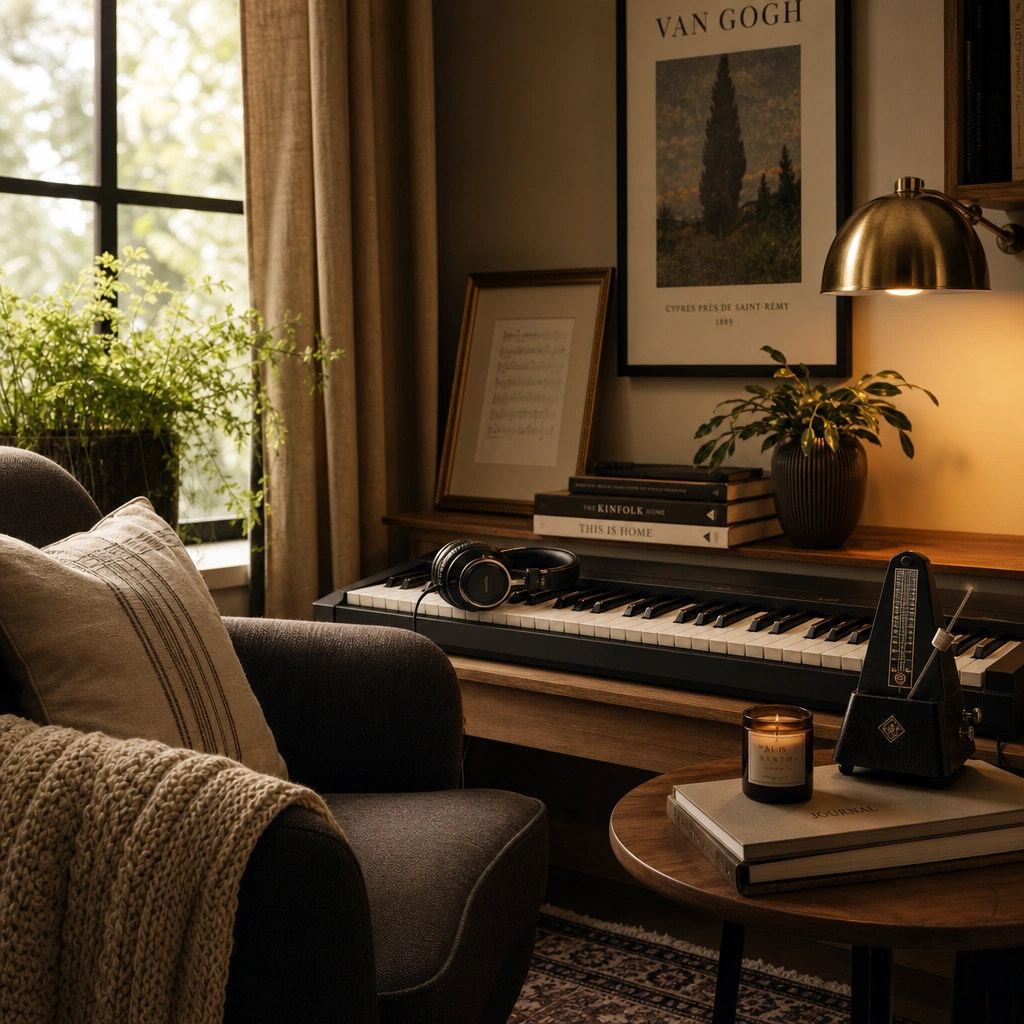 Keyboard with headphones and a metronome set up for practicing between online piano lessons
