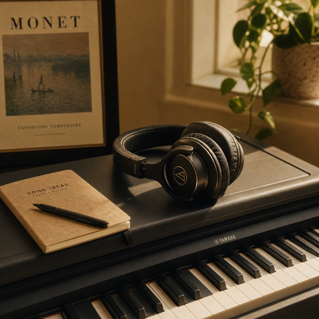 Headphones on a keyboard used for transcribing a song by ear
