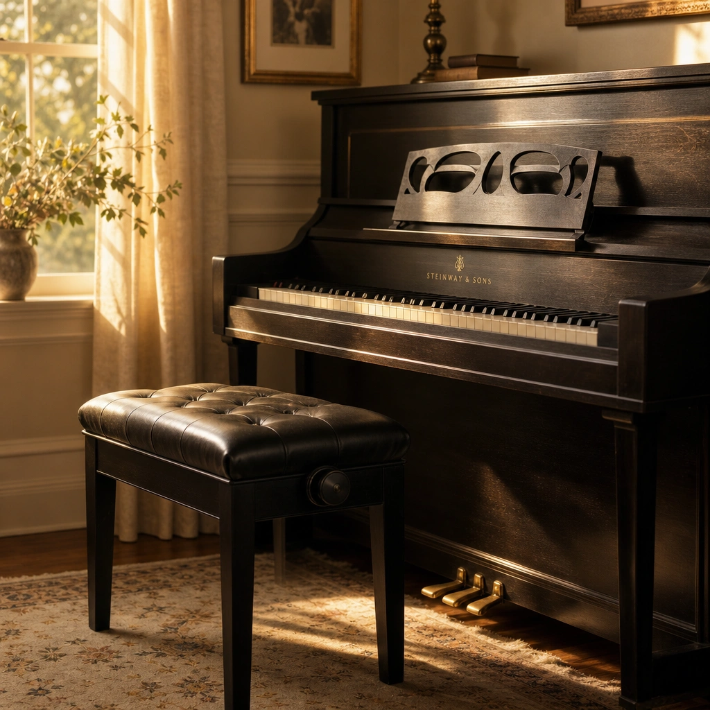 Empty piano bench in a calm studio ready for a lesson