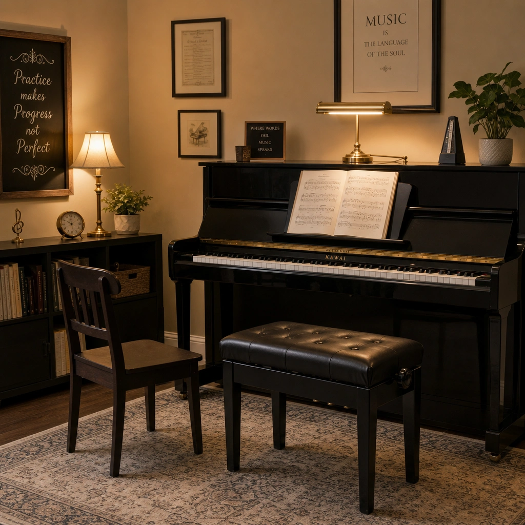 Empty piano bench and chair set up for a private vs group piano lessons comparison