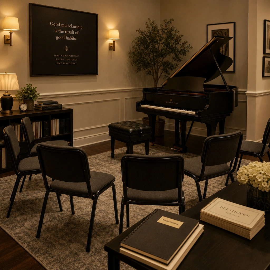 Empty group piano classroom with chairs arranged for a lesson
