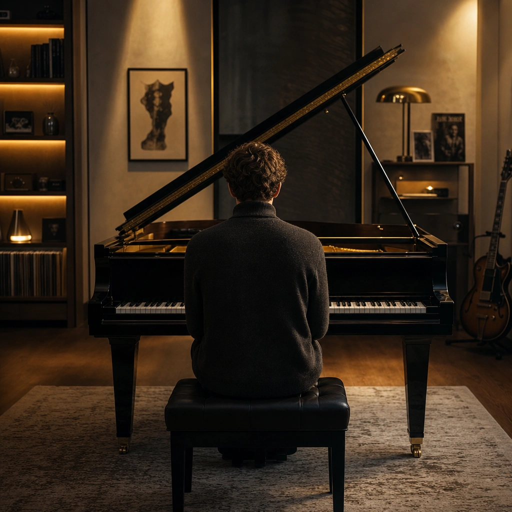Person seated at a piano from behind in a warm studio setting