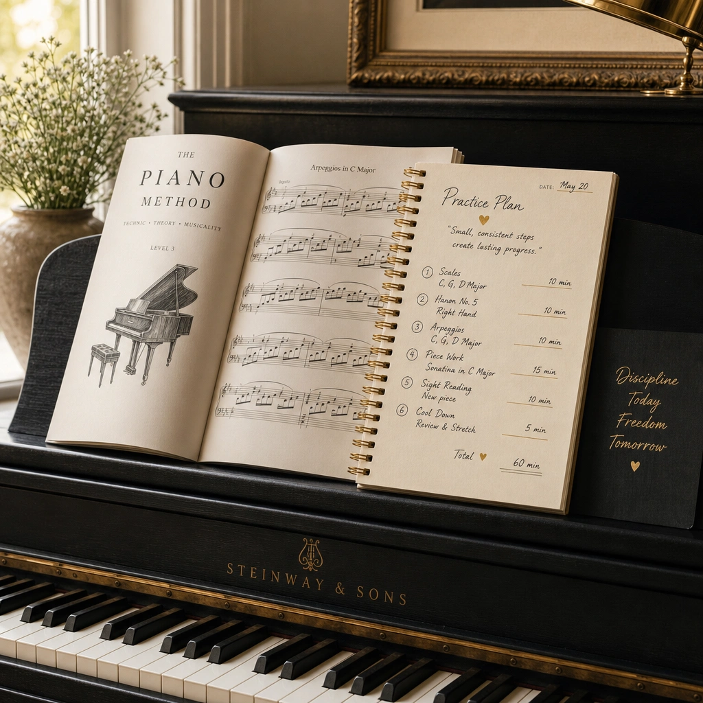 Open piano method book and practice notes representing what piano lessons include between sessions