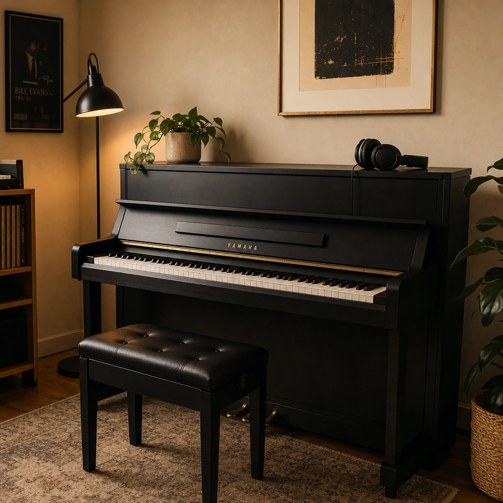Cozy piano studio corner with headphones and a tidy bench, reflecting a clear, no-hidden-fees lesson structure
