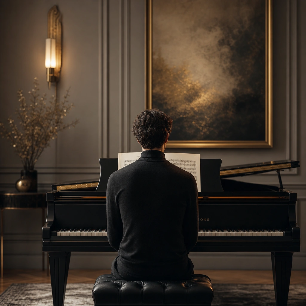 Student seated at the piano from behind, sheet music open, illustrating a private piano lesson in progress