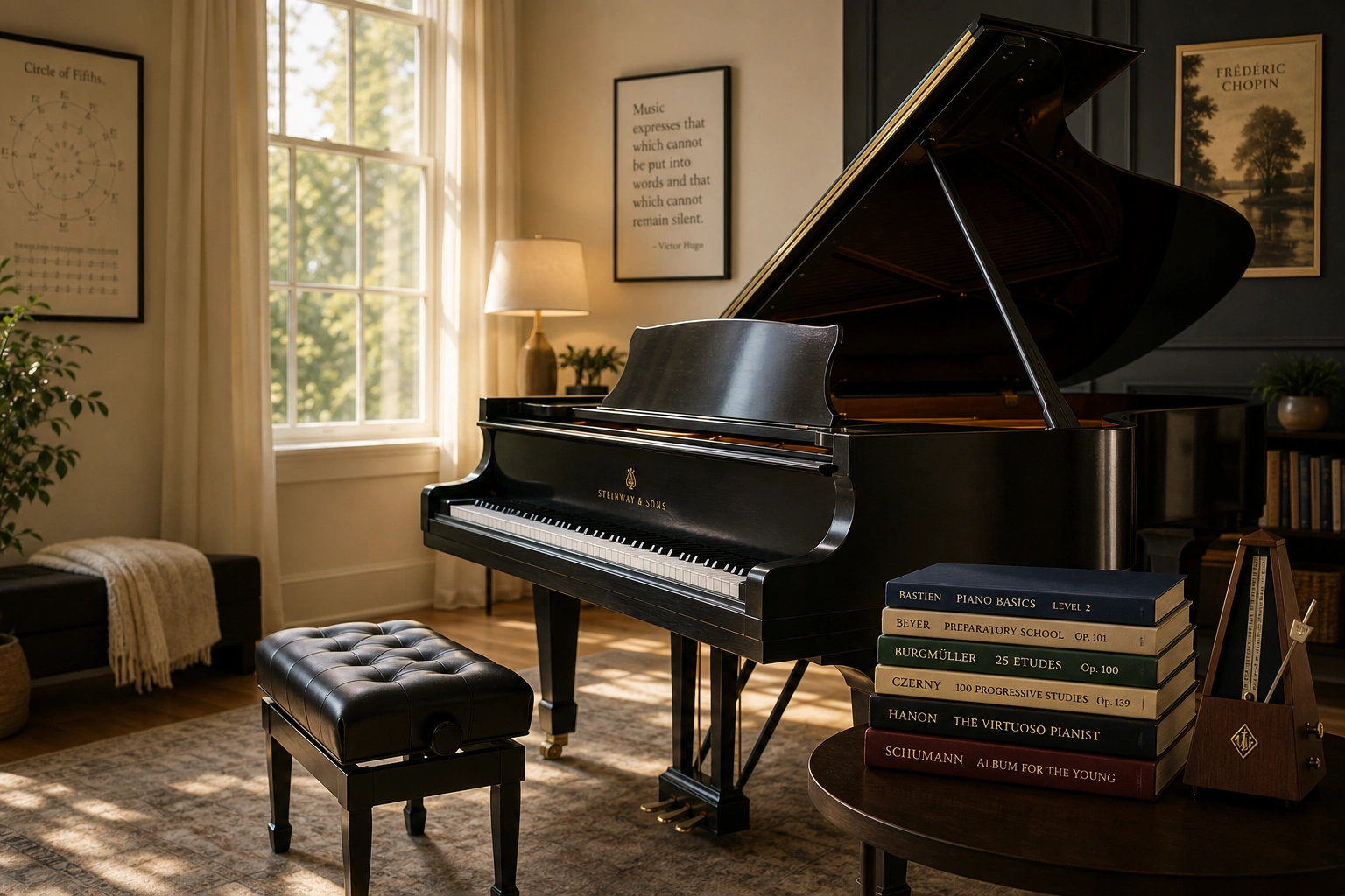 Sunlit piano studio illustrating what piano lessons include, with method books and a metronome beside the piano