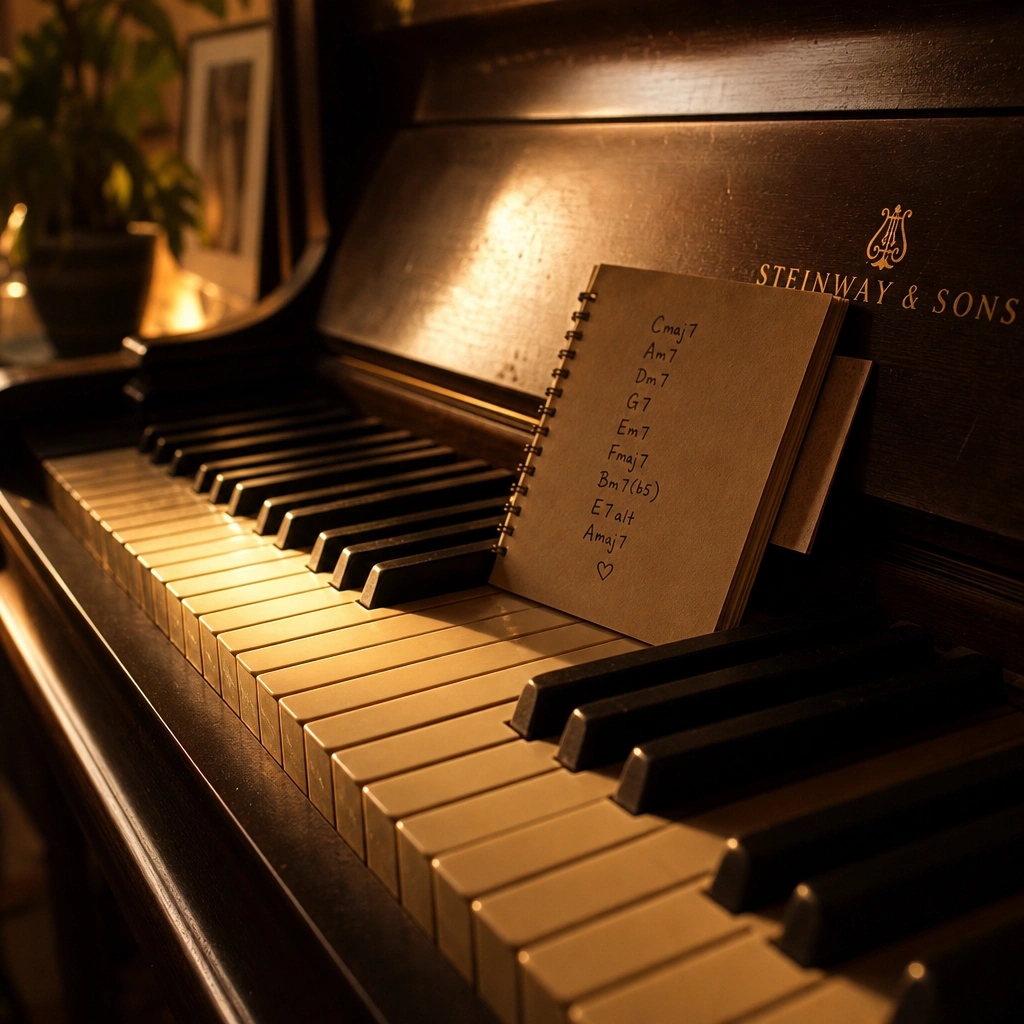 Piano keys and notebook illustrating basic piano chords for beginners practice