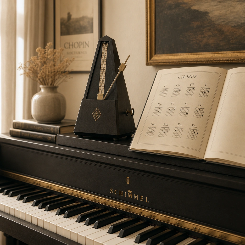 Metronome and chord chart used for practicing beginner piano chords