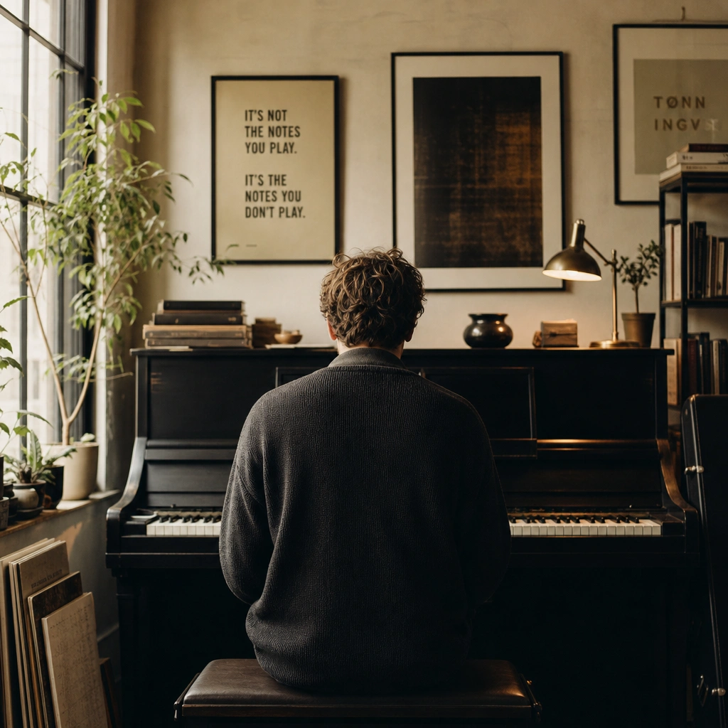Student seated at piano practicing basic chords in a home studio