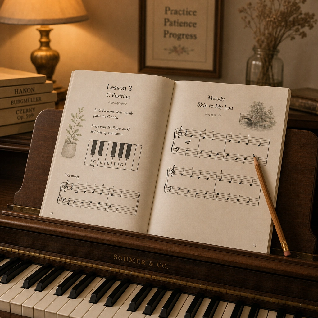 Method book on a piano stand for someone learning how to teach yourself piano
