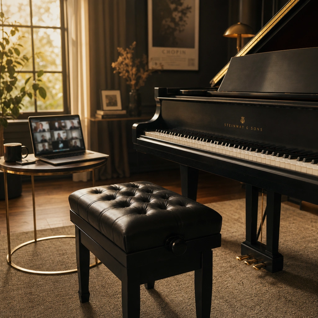 Empty piano bench and laptop set up for an online piano lesson