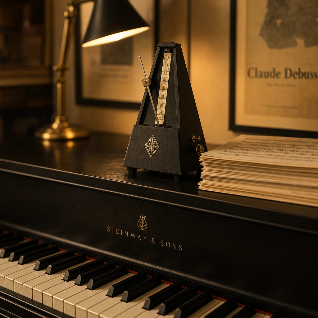 Metronome and sheet music on a piano representing rhythm practice