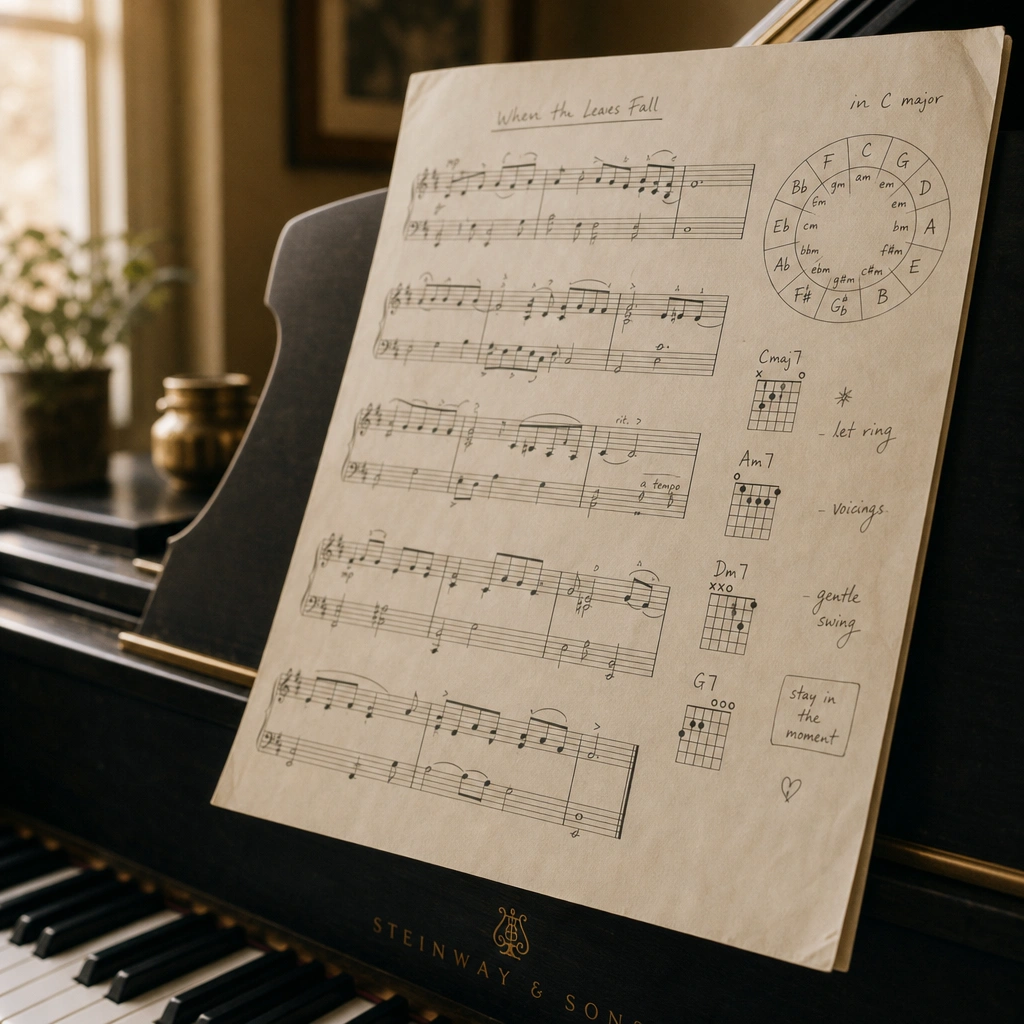 Sheet music with chord diagrams on a piano stand, related to circle of fifths piano concepts