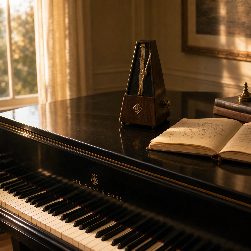 Metronome and notebook with a circular music diagram on a closed piano lid