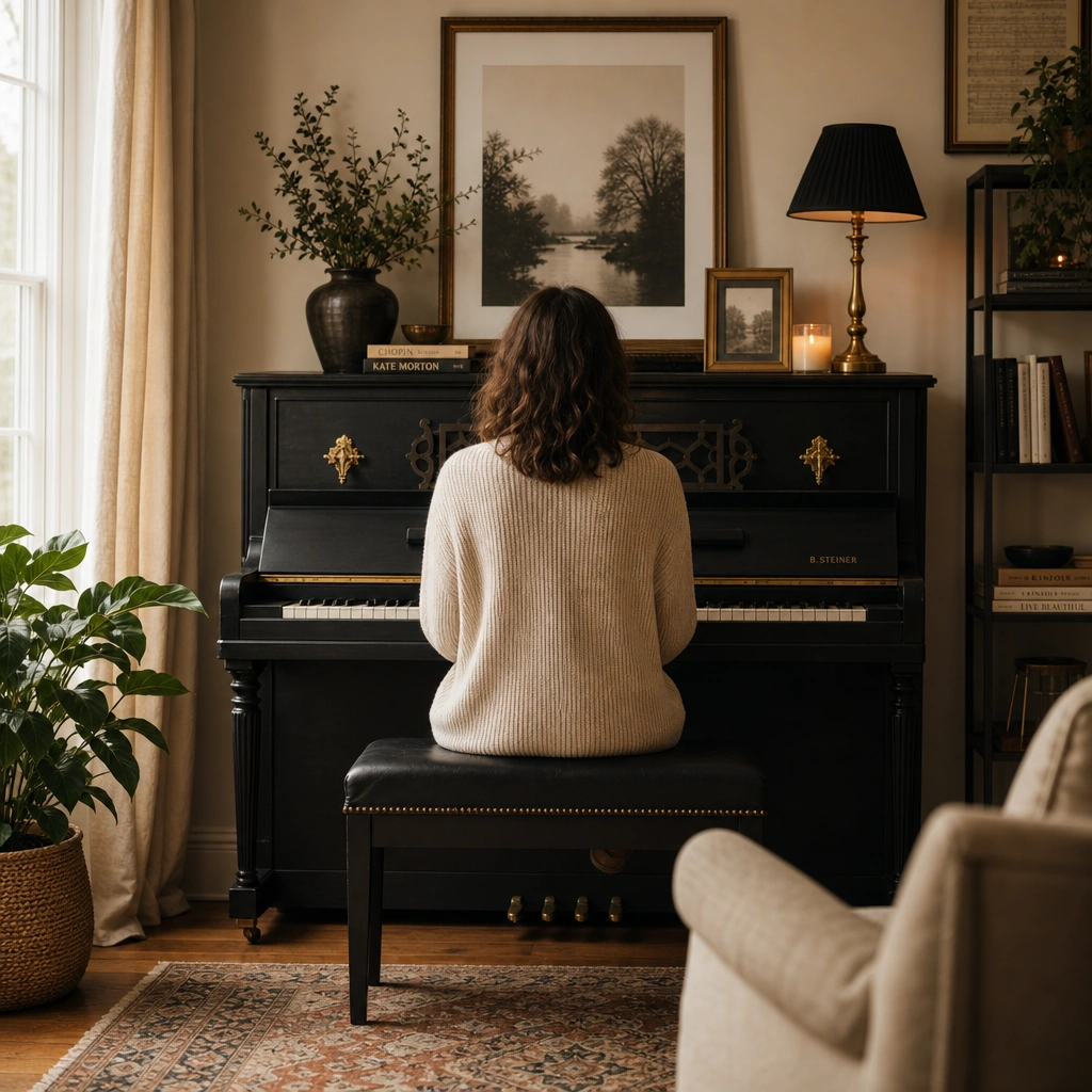 Person seated at a piano from behind in a warm, cozy studio setting
