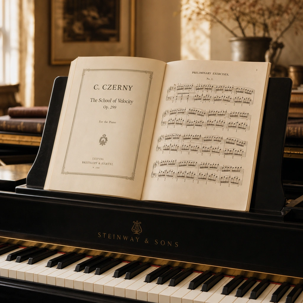 Classical piano method book on a stand illustrating the classical or pop piano first approach