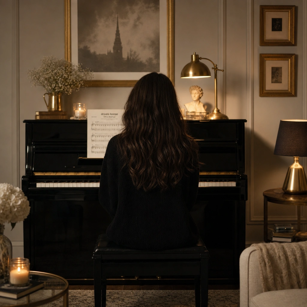 Student seated at piano with pop song sheet music on the stand in a warm studio setting