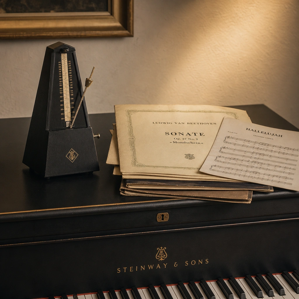 Metronome and mixed classical and pop sheet music on a piano lid