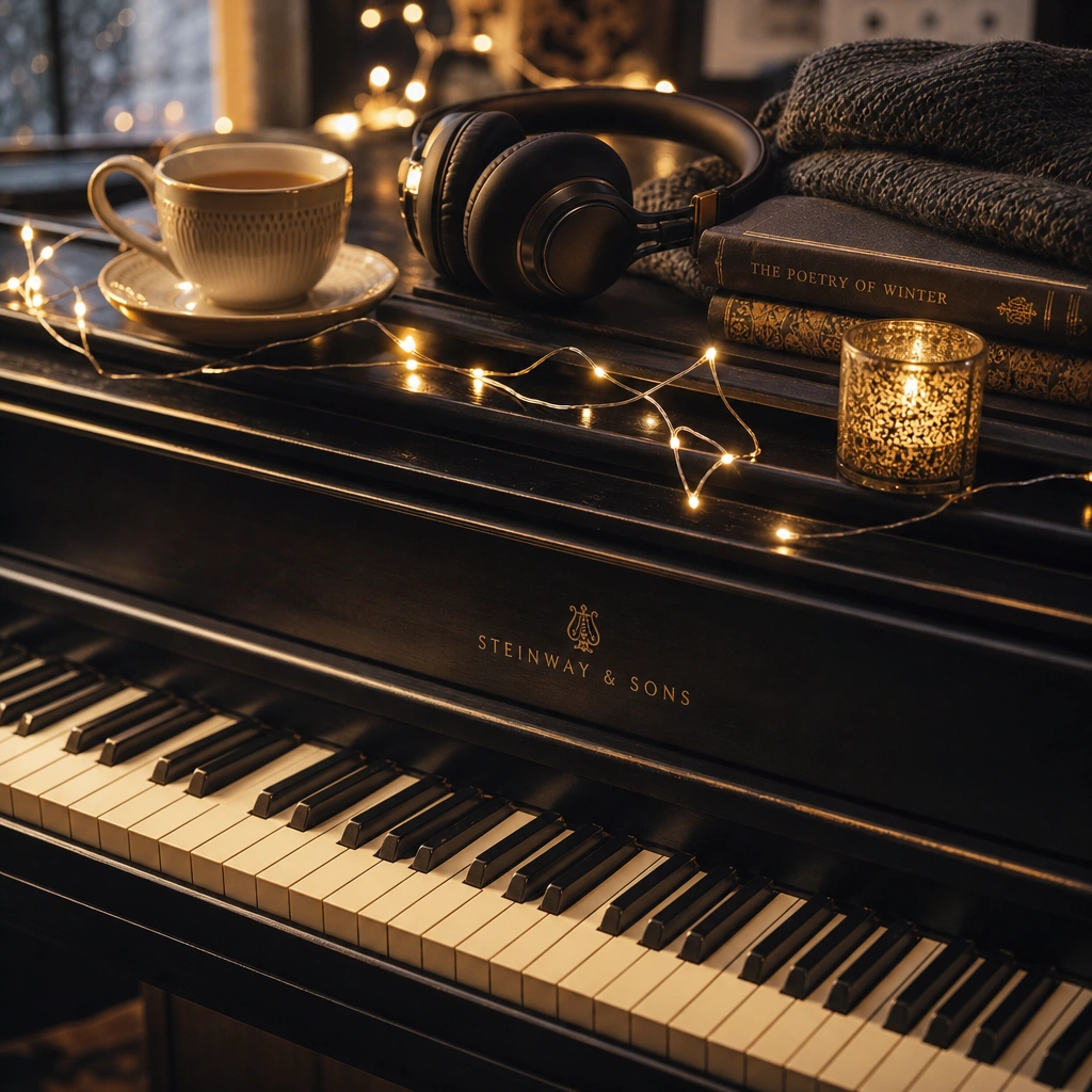 Keyboard decorated for the holidays, set up for practicing easy christmas songs on piano