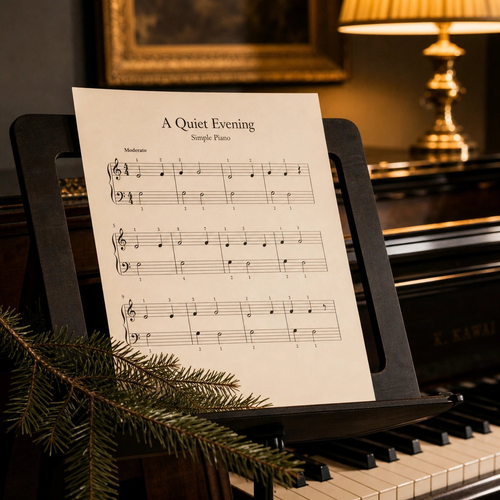 Simplified holiday sheet music on a stand next to a piano