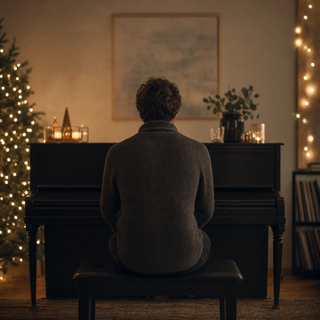 Student seated at a piano in a warm studio during the holiday season