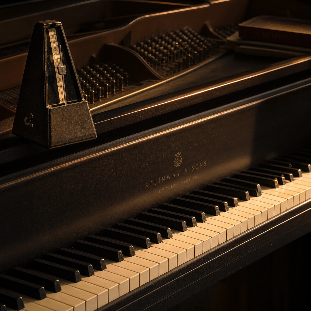 Piano keyboard and metronome set up for slow practice drills that build finger independence piano skills