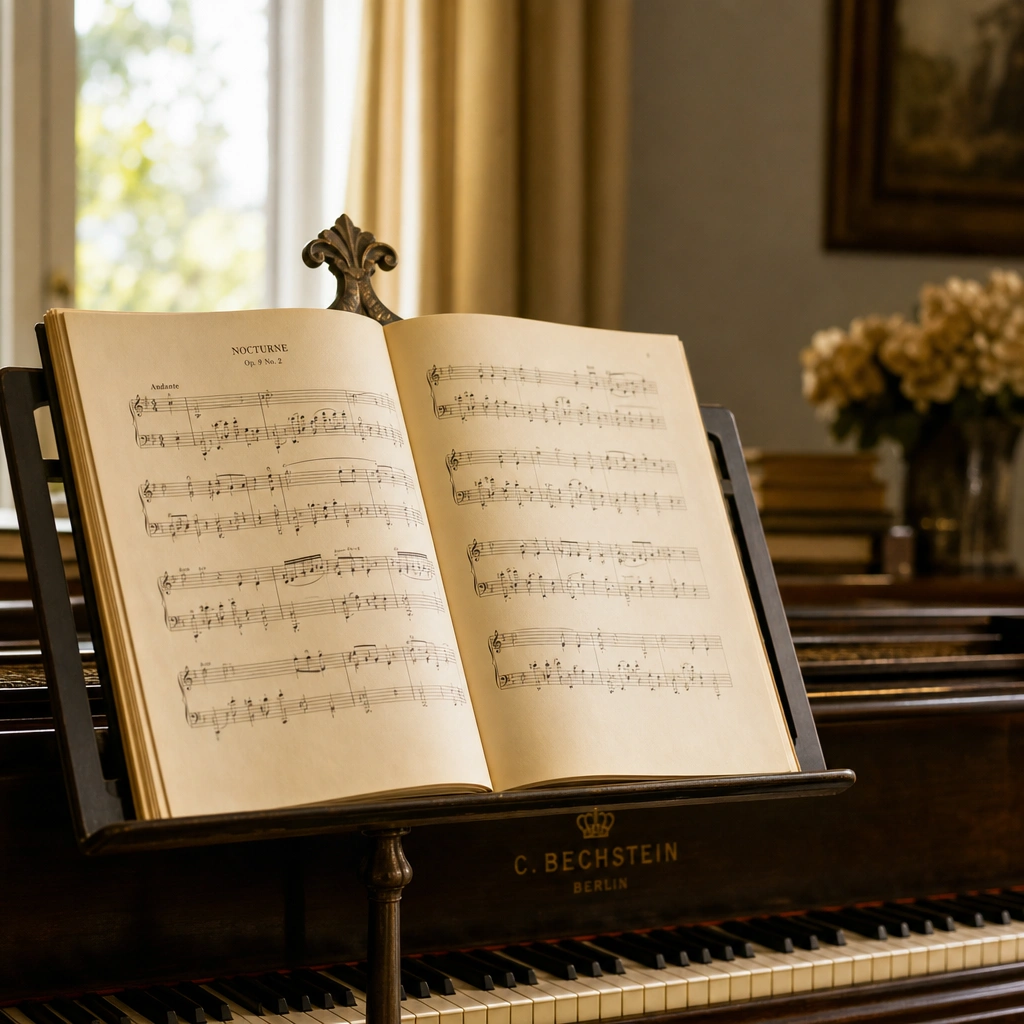 Sheet music on a stand representing structured technique exercises used in piano practice