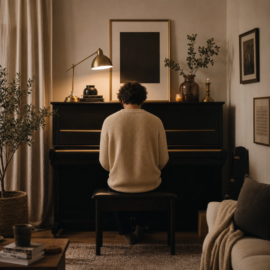 Student seated at the piano during a focused daily practice routine