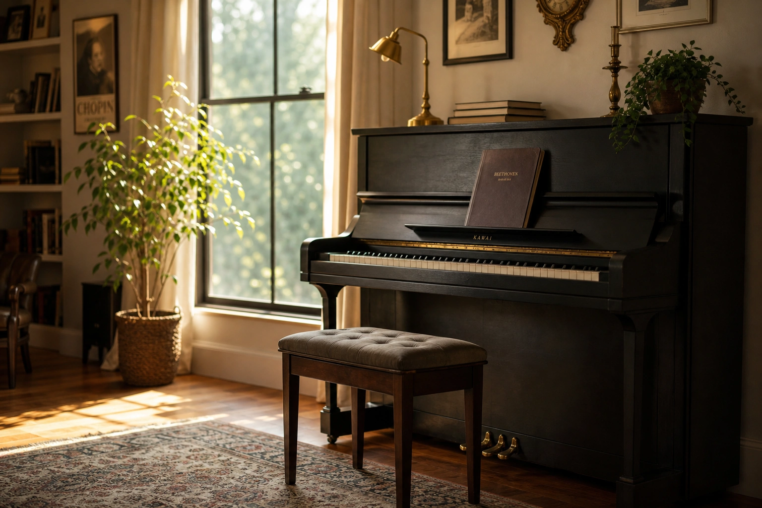 Sunlit piano studio representing the quiet, steady practice needed to build finger independence on piano