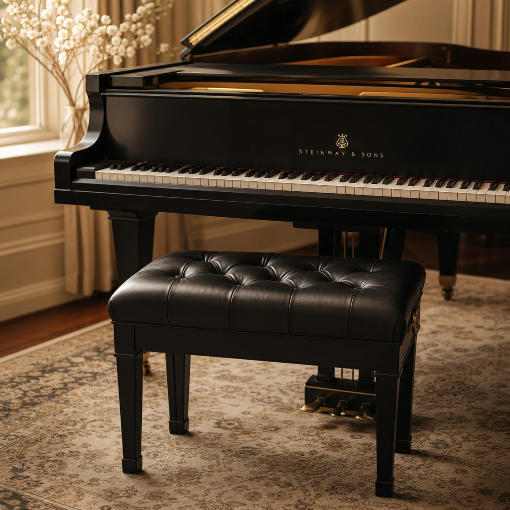 Empty piano bench set at proper posture distance, a first thing to learn on piano