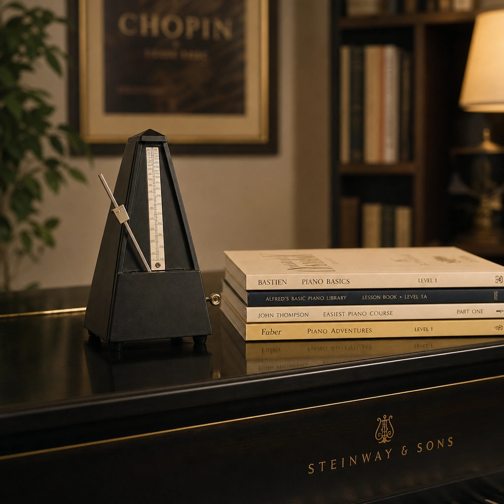 Metronome and beginner piano books on a piano lid for practicing rhythm